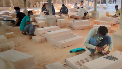 Craftsmen in India work on columns and pillars of the Hindu temple in Abu Dhabi. Courtesy: BAPS Hindu Mandir