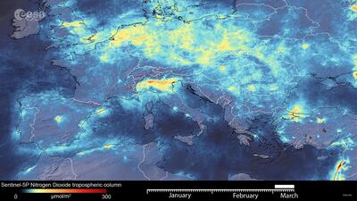 Images show the fluctuation of nitrogen dioxide emissions across Europe from January 2020 until March 11, 2020. European Space Agency / Reuters