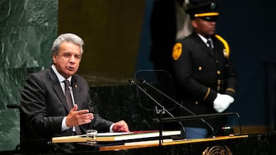 Lenin Moreno, Ecuador's president, speaks during the UN General Assembly meeting in New York, US. Moreno called for a "frank and inclusive national dialog" to resolve the Venezuela crisis and urged other Latin American nations to help Venezuelan migrants. Bloomberg