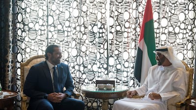 Sheikh Mohammed bin Zayed, Crown Prince of Abu Dhabi and Deputy Supreme Commander of the UAE Armed Forces, right, meets with Saad Hariri, the former prime minister of Lebanon, at Al Shati Palace in the UAE capital. Mohamed Al Hammadi / Crown Prince Court - Abu Dhabi