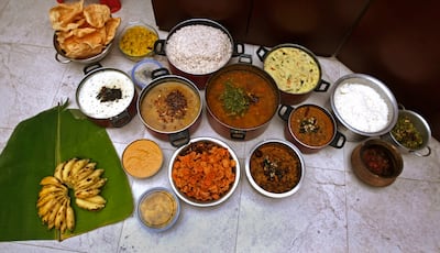Most dishes served for the Onam sadya can be combined to make pazhamkootan. Photo: Jeff Topping for The National