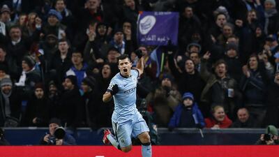 Manchester City's Sergio Aguero celebrates after scoring against Barcelona during their contest in the Champions League at the Etihad Stadium on Tuesday night. Jon Super / AP