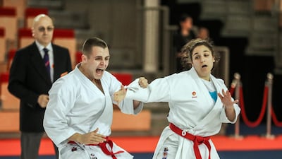 March 4 ,2018. Jiu Jitsu World Championship Juniors and Aspirants 2018. Mixed Under 21. (L-R) Vuk Dragutinovic from Montenegro, blocks the attack of his partner, Alesandra Popovic. Victor Besa / The National Sports