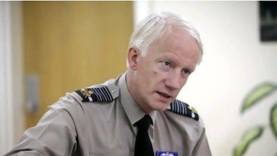 Air Chief Marshal Sir Stephen Dalton speaks to the media about upcoming military exercises with the UAE in Abu Dhabi. (Sammy Dallal / The National)