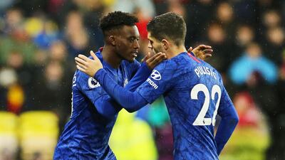 epa07968040 Chelsea's Cristian Pulisic (R) gets replaced by Callum Hudson-Odoi (L) during the English Premier League soccer match between Watford FC and Chelsea FC at Vicarage Road in Watford, Britain, 02 November 2019. EPA/ISABEL INFANTES EDITORIAL USE ONLY. No use with unauthorized audio, video, data, fixture lists, club/league logos or 'live' services. Online in-match use limited to 120 images, no video emulation. No use in betting, games or single club/league/player publications