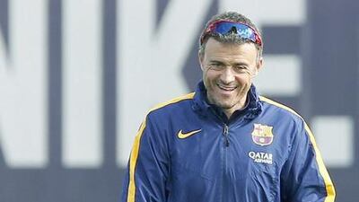 Barcelona manager Luis Enrique conducts a training session at the team’s Joan Gamper complex on Friday ahead of their La Liga match against Rayo Vallecano on Saturday. Andreu Dalmau / EPA