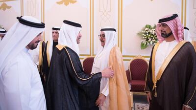 Sheikh Saud bin Saqr Al Qasimi, Ruler of Ras Al Khaimah, Sheikh Hamdan bin Rashid, Deputy Ruler of Dubai and Minister of Finance, and Sheikh Ammar bin Humaid Al Nuaimi, Crown Prince of Ajman, attend a wedding reception hosted by Sheikh Mohammed bin Saud Al Qasimi, Chairman of Sharjah Finance Department, to celebrate his son’s wedding to the daughter of Sheikh Abdullah bin Salem Al Qasimi, Deputy Ruler of Sharjah. Wam
