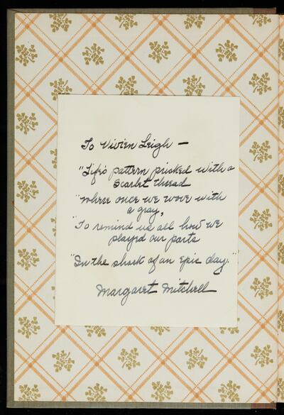 Copy of Vivien Leigh's Gone With the Wind, with a poem inscribed by author Margaret Mitchell. Courtesy Sotheby's