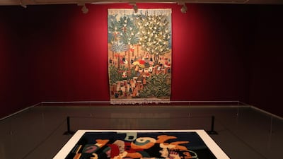 From back, Wool Yarn Dying at the Centre by Ramses Wissa Wassef Arts Centre and Reda Ahmed (2004); Arabic Motif by Dia Al Azzawi (1983). Pawan Singh / The National