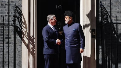 British Prime Minister Keir Starmer welcomes Sultan Haitham of Oman to No 10 Downing Street in London. EPA