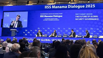 Johann Wadephul speaks at the IISS Manama Dialogue on November 1, 2025. Vanessa Ghanem / The National
