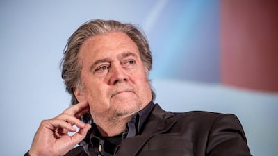 epa06755922 Former Trump political strategist Steve Bannon attends a discussion meeting with Lanny Davis, former stragegist of Hillary Clinton (unseen) in Prague, Czech Republic, 22 May 2018. Reports state that both spoke about US developments. EPA/MARTIN DIVISEK
