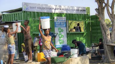Plastic bags are collected by workers in Haiti before being distributed to companies for use in manufacturing. The funds generated help keep the worker’s children in school. Expo 2020