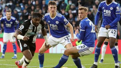 Newcastle United midfielder Allan Saint-Maximin vies with Leicester City midfielder Kiernan Dewsbury-Hall. AFP