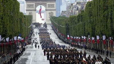 French troops during the annual Bastille Day military parade on the Champs-Elysees in Paris.