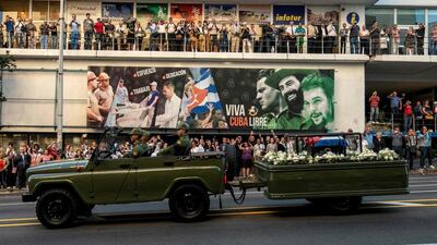 The urn with the ashes of former Cuban leader Fidel Castro is seen in Havana as it begins a four-day journey across Cuba on November 30, 2016. The "caravan of freedom" will make symbolic stops along the 950-kilometer trek that will end in the eastern city of Santiago de Cuba on the weekend. Juan Barreto / AFP