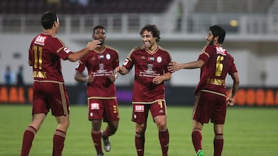 Al Wahda Celebrating the goal made by Jorge Valdivia. Al Wahda VS Dibba football match. Second half, with Al Wahda winning 3-1. Abu Dhabi, United Arab Emirates. Mona Al Marzooqi/ The National