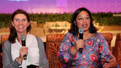 Ida Beerhalter (L), co head of IOME private investment office, and Dimple Sahni, senior director impact investing at Anthos fund and asset management, say women must take control of their finances themselves. Chris Whiteoak / The National