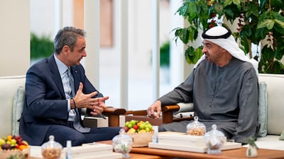 President Sheikh Mohamed with Kyriakos Mitsotakis, Prime Minister of Greece. Abdulla Al Bedwawi / UAE Presidential Court