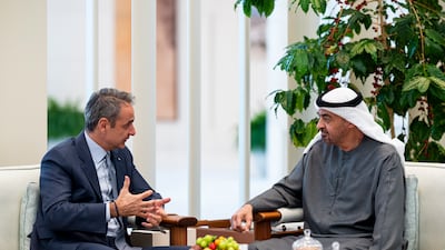 President Sheikh Mohamed with Kyriakos Mitsotakis, Prime Minister of Greece. Abdulla Al Bedwawi / UAE Presidential Court