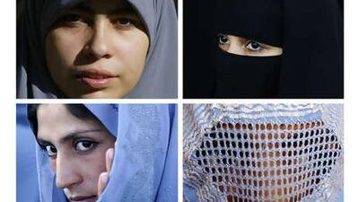 Muslim women wearing various types of Islamic veils, including a hijab, top left, a niqab, top right, a Tchador, bottom left, and a burqa.
