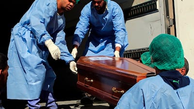 A casket holding one of 38 Indians abducted by ISIL in 2014 is loaded on to a truck to be transported from Baghdad's main morgue to the Baghdad airport on April 1, 2018. Khalid Mohammed / AP Photo