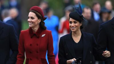 Catherine, Duchess of Cambridge, and Meghan arrive to attend a Christmas Day church service on the Sandringham estate in December 2018. Getty Images