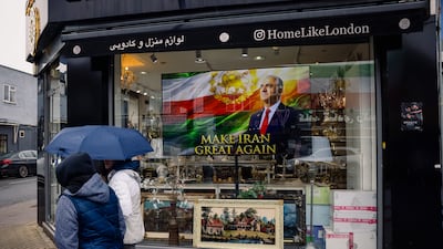 Some shops owned by Iranians in London have put up displays of support for Reza Pahlavi, the exiled son of Iran's last shah. Getty