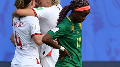 England's players celebrate at the end of the France 2019 Women's World Cup round of sixteen football match between England and Cameroon at the Hainaut stadium in Valenciennes, northern France. AFP