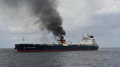 In this photo provided by the Indian Navy on Saturday, Jan. 27, 2024, a view of the oil tanker Marlin Luanda on fire after an attack, in the Red sea. The crew aboard a Marshall Islands-flagged tanker hit by a missile launched by Yemen’s Houthi rebels is battling a fire onboard the stricken vessel sparked by the strike. (Indian Navy via AP)