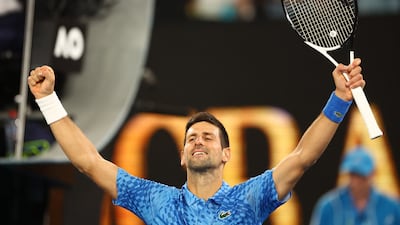 Serbia's Novak Djokovic celebrates after winning his first-round match at the Australian Open against Spain's Roberto Carballes Baena in the Rod Laver Arena at Melbourne Park on January 18, 2023. Reuters