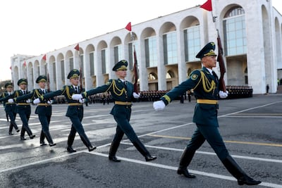 Kyrgyz police march in Bishkek, Kyrgyzstan, on November 1, 2024. A Carnegie Endowment analysis has stated that Central Asia is 'no longer a backdrop for the new Great Game, nor is it anyone’s backyard'. EPA