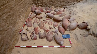 Hundreds of clay urns found in a burial shaft dating back to the 26th dynasty of ancient Egypt, found at the Abusir necropolis near Cairo. Photo: Ministry of Tourism & Antiquities