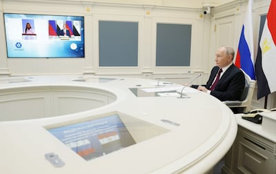 Russian President Vladimir Putin in a video meeting with Egyptian President Abdel Fattah El Sisi. Reuters