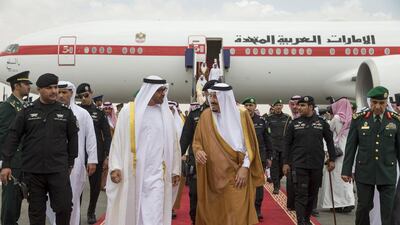 Sheikh Mohammed bin Zayed is greeted off his plane, a rare privilege, by King Salman upon arriving in Riyadh to attend the GCC Summit. Mohamed Al Hammadi / Crown Prince Court - Abu Dhabi