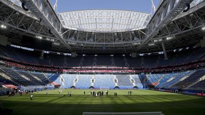 New Zealand players walk on the pitch prior to a training session at the S Petersburg Stadium, Russia, on Friday. New Zealand will play Russia in a Confederations Cup, Group A football match scheduled for Saturday. Dmitri Lovetsky / AP Photo