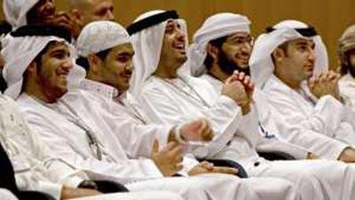 Guests listen to Mishaal al Gergawi speak at a conference on cultural integration yesterday at Zayed University in Dubai.