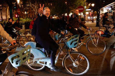 Socialist Party candidate Emmanuel Gregoire celebrates his victory in Paris. AFP