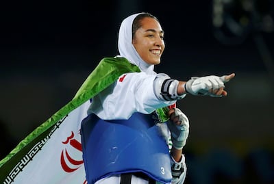 Taekwondo athlete Kimia Alizadeh celebrates after winning bronze at the Rio Olympics in 2016. Reuters