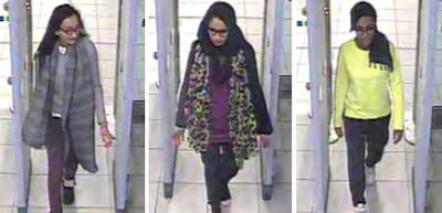 Shamima Begum, centre, joined ISIS with Kadiza Sultana, left, and and Amira Abase. Metropolitan Police via AP