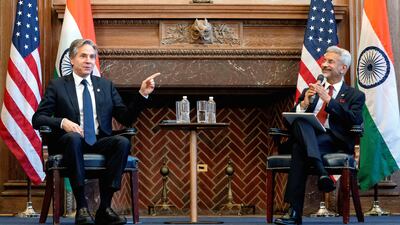 US Secretary of State Antony Blinken and Indian External Affairs Minister Subrahmanyam Jaishankar at a US-India higher education dialogue at the Howard University Founders Library, Washington, 2022. Reuters