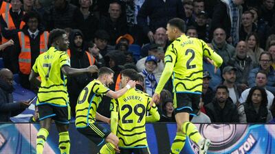 Arsenal's Kai Havertz, centre, celebrates with teammates after scoring his side's second goal. AP