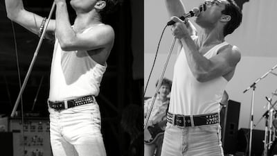 Freddie Mercury, left, performs at Live Aid in 1985, and Rami Malek, right, recreates the moment in ‘Bohemian Rhapsody’. Rex; Twentieth Century Fox