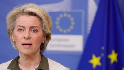 European Commission President Ursula von der Leyen announces EU assistance for Ukraine in Brussels on February 27. AP