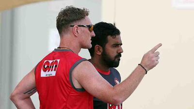 UAE cricket team interim coach Dougie Brown, left, talks to Mohammed Usman during the second one-day international match against Ireland at the ICC Academy in Dubai. The Emirates Cricket Board announced on Sunday, May 28, 2017 Brown was appointed full-time national team coach. Satish Kumar / The National