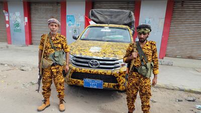 Houthi allied police troopers secure a street in Hodeidah, Yemen. Abduljabbar Zeyad / Reuters