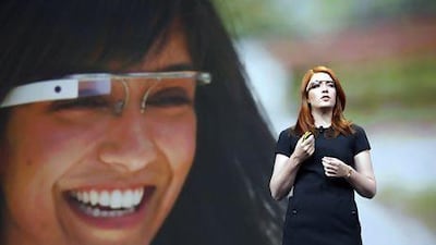 Isabelle Olsson, lead designer of Google's Project Glass, talks about the design of the Google Glass during the keynote at Google's annual developer conference, Google I/O, in San Francisco on June 27, 2012. AFP PHOTO/Kimihiro Hoshino