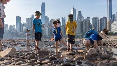 Children catch crabs on the dried out river bed of the Jialing, a major tributary of the Yangtze, in Chongqing, China. EPA