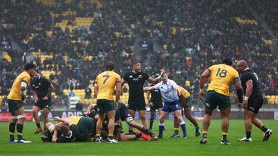 TJ Perenara of the All Blacks signals to teammates during the Bledisloe Cup match between the New Zealand and the Australia at Sky Stadium. Getty Images