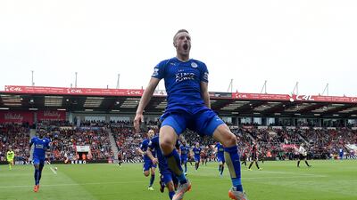 Jamie Vardy of Leicester City celebrates scoring his team's first goal to equalise 1-1 against Bournemouth on Saturday in the Premier League. Michael Regan / Getty Images